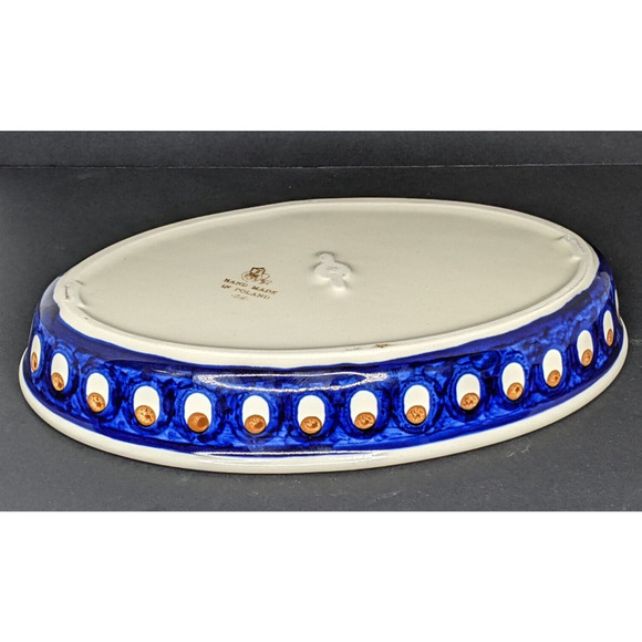 POLISH POTTERY BOLESLAWIEC BLUE OVAL DIVIDED BOWL 11 l/4" Serving Dish - Picture 7 of 8